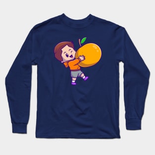 Cute Boy Holding Orange Cartoon Long Sleeve T-Shirt